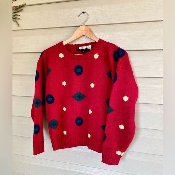 J.G. HOOK Vintage red 100% wool sweater circles dots abstract retro modern sz S - Picture 1 of 11